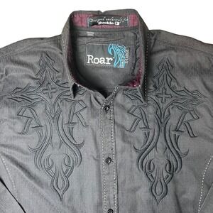 Roar Button Down Shirt Men XL Black Embroidered Cross Buckle Exclusive L sleeve